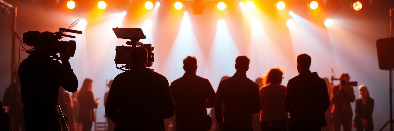 Set de filmagem com equipe e câmeras